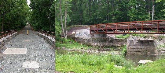 photos of eastside trail looking north and bridge from east side of creek