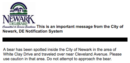 bear-sighting notice by City of Newark